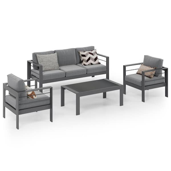Patio 4-Piece Aluminum Conversation Set with Gray Cushions and Gray Frame