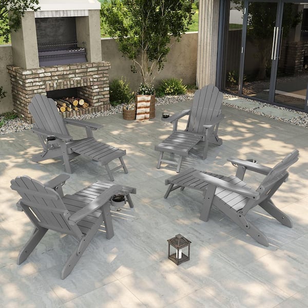 Gray Folding Adirondack Chair with Retractable Ottoman Fire Pit Patio Chair with Cup Holder (4-Pack)