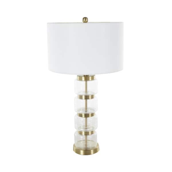 28 in. Clear Glass Stacked Jars Task and Reading Table Lamp with White Drum Shade and Gold Metal Accents
