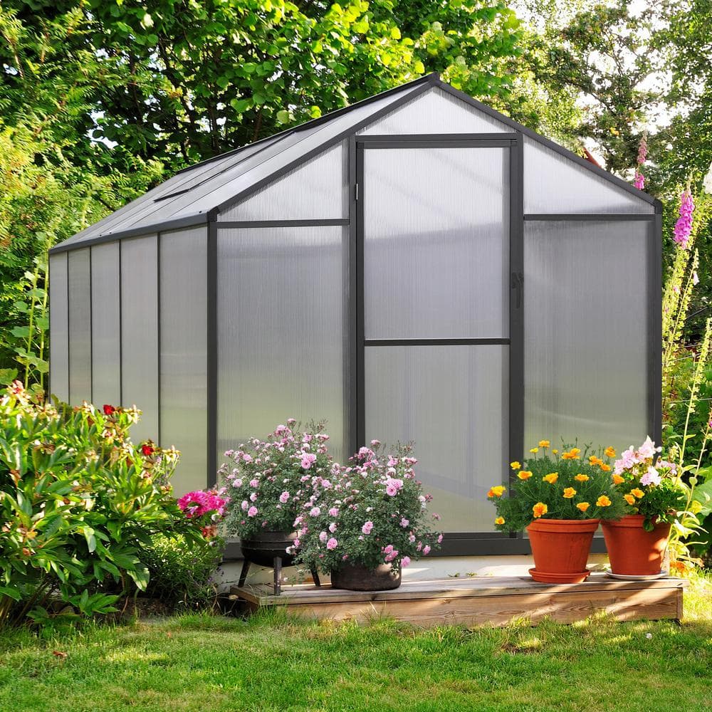 6 ft. W x 10 ft. D Polycarbonate Walk-in Greenhouse For Outdoors with Adjustable Roof Vent, Gray -  VEIKOUS, PG0101-12GY-2