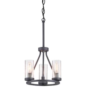Hartwell 10-3/4 in 3-Light Graphite Farmhouse Round Pendant with Antique Nickel Accents and Clear Seeded Glass