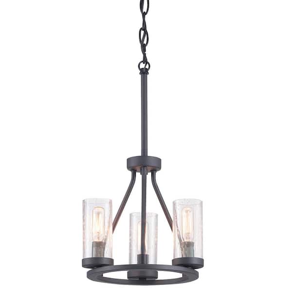 Progress Lighting Hartwell 10-3/4 in 3-Light Graphite Farmhouse Round Pendant with Antique Nickel Accents and Clear Seeded Glass