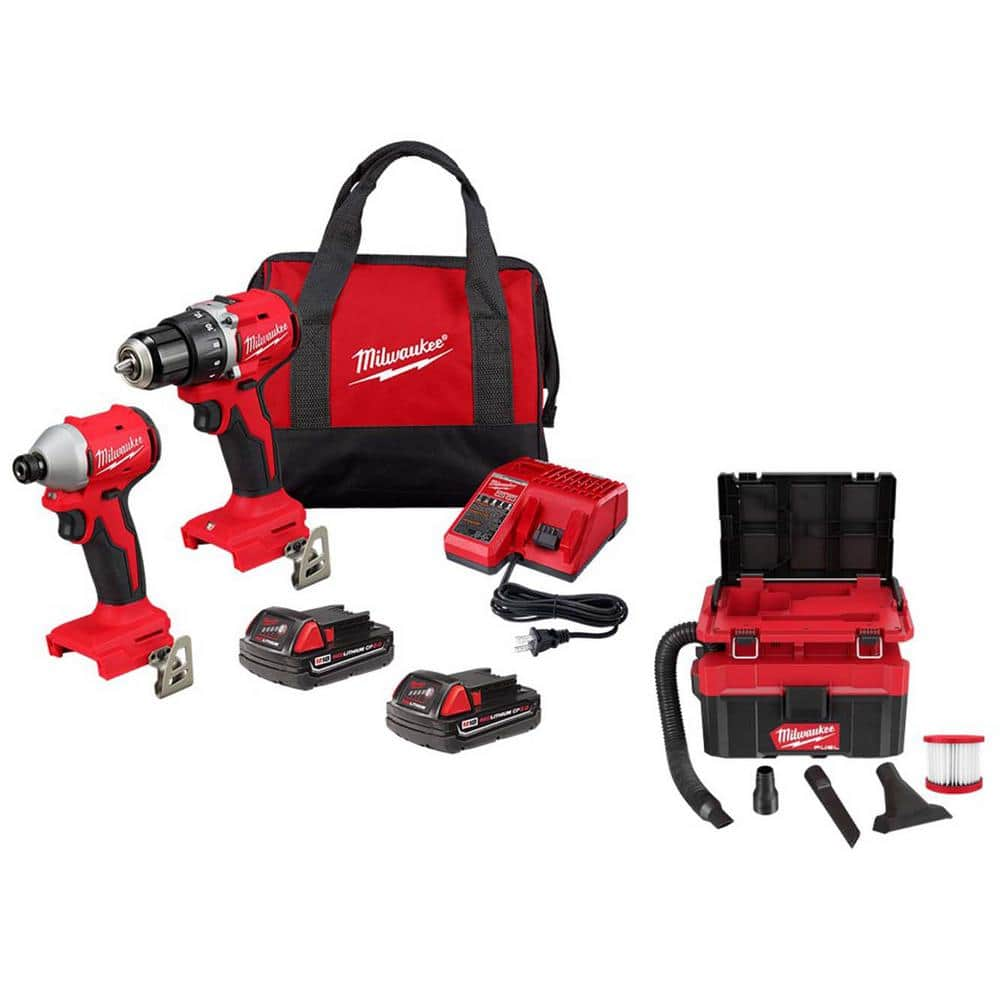 M18 18V Lithium-Ion Brushless Cordless Compact Drill/Impact Combo Kit w/M18 FUEL PACKOUT 2.5 Gal Wet/Dry Vacuum -  Milwaukee, 3692-22CT-0970