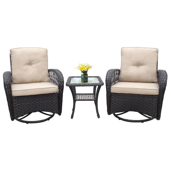 Unbranded 3-Piece Wicker Patio Conversation Set, Outdoor Rocker Swivel Bistro Set with Glass Top Side Table and Khaki Cushions