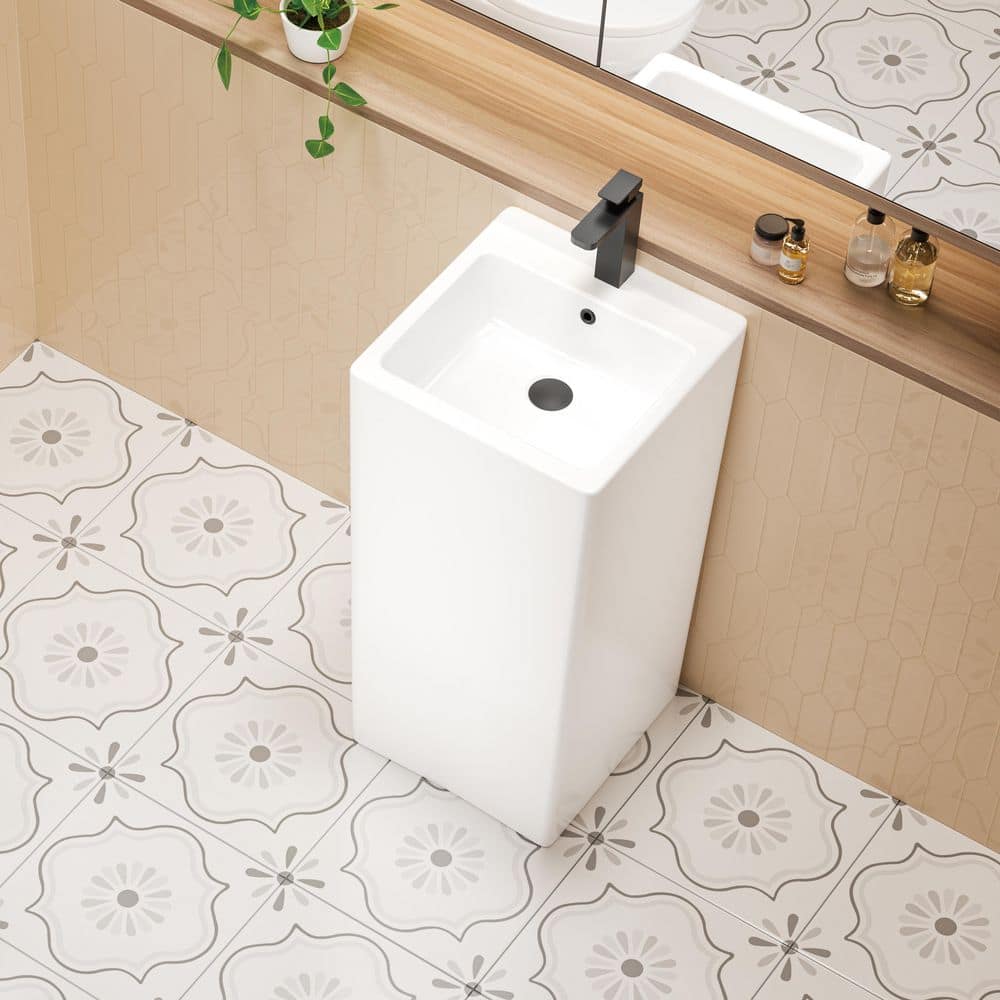 Glossy White Ceramic Square Pedestal Bathroom Sink