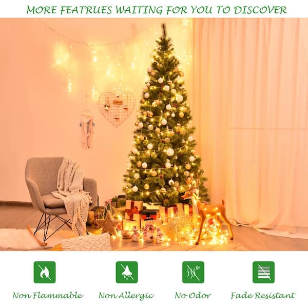 Gymax 8 ft. Artificial Christmas Tree Hinged Tree with Pine Cones