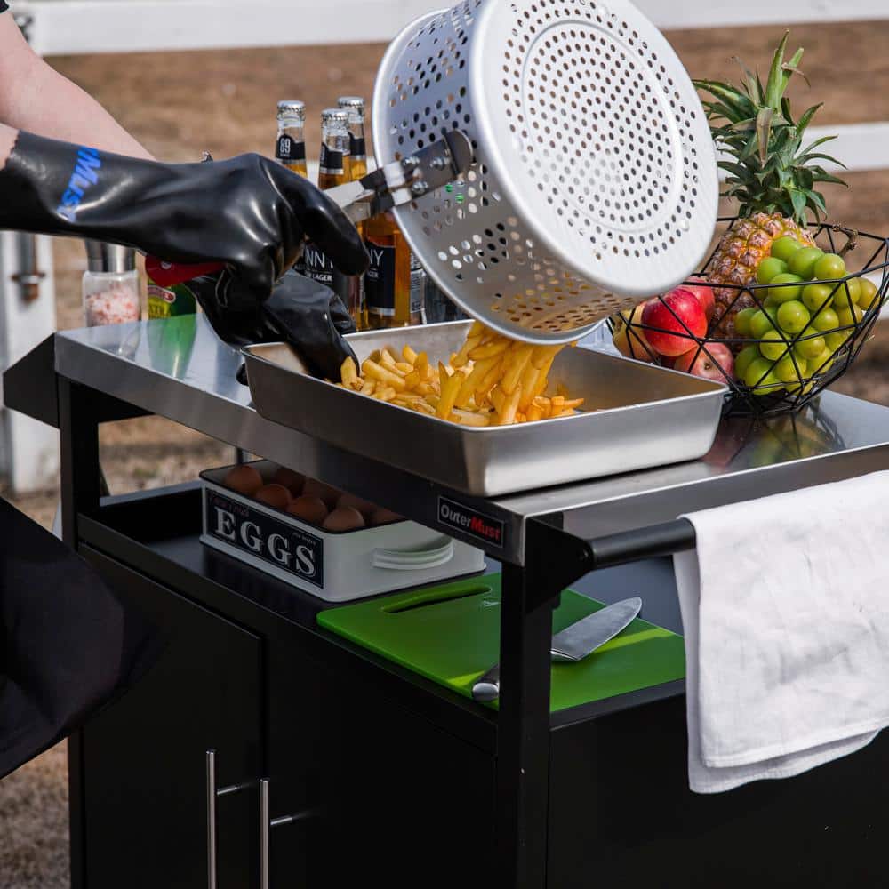 Black and Silver Stainless Steel Outdoor Grill Cart with Storage
