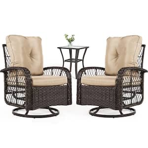 3-Piece Brown Wicker Outdoor Rocking Chair Set Outdoor Swivel Chairs with Beige Cushions