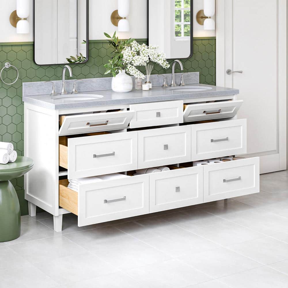 White Double Sink Freestanding Vanity with Carrara Marble Top