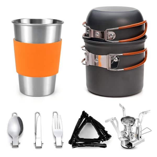Camping Series 9-Piece Aluminum Nonstick Cookware Set - W/ Stove, Carabiner, Canister Stand, Tripod and Cup, in Orange
