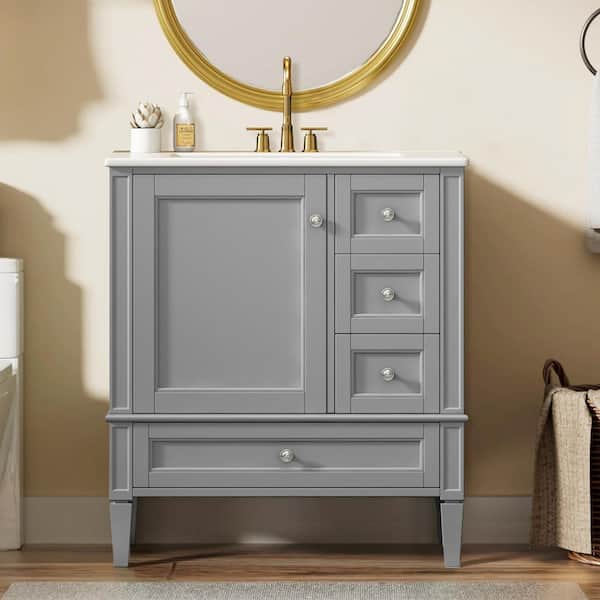 30 in. W Single Sink Freestanding Gray Bath Vanity with White Ceramic Top and 3 Drawers, Unassembled