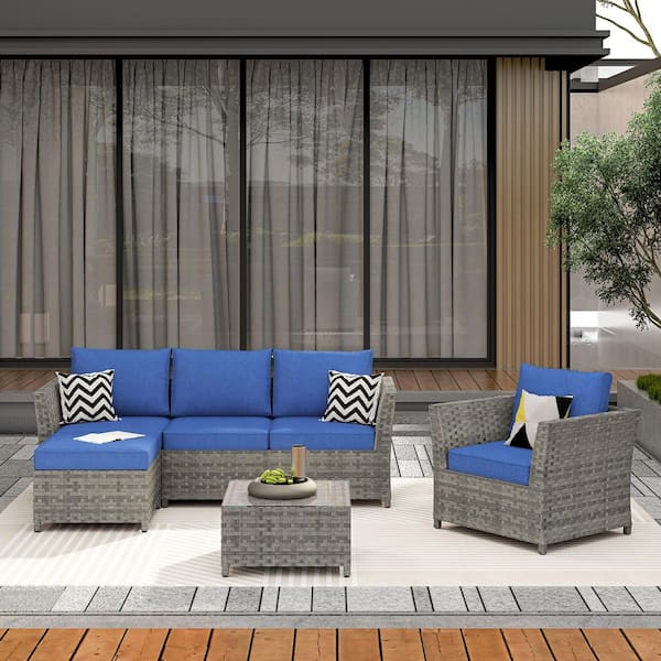 XIZZI Bella Gray 6-Piece Wicker Outdoor Sectional Set with Navy