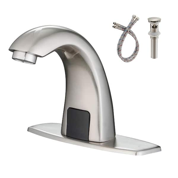 Automatic Sensor Touchless Single Hole Bathroom Sink Faucet with Deck Plate and Pop-Up Drain in Brushed Nickel