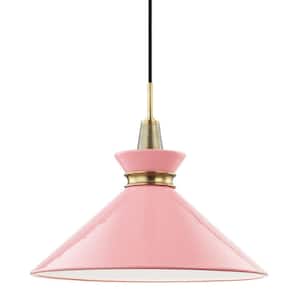 Kiki 18 in. 1-Light Aged Brass Finish Pendant Light with Pink Shade