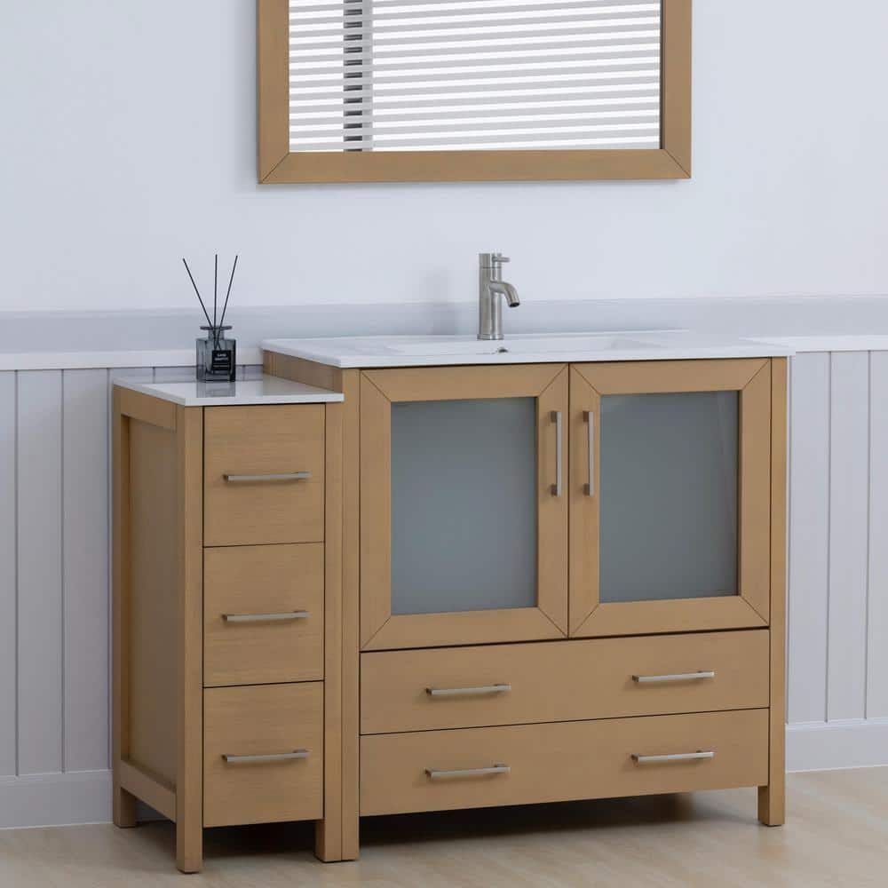 Natural Oak 48" Bathroom Vanity with White Ceramic Top and Mirror