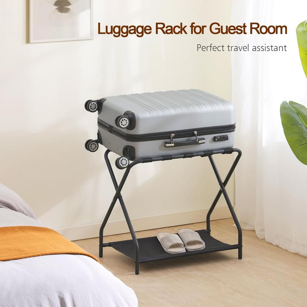 Black Foldable Metal Luggage Rack with Storage Shelf, Set of 2