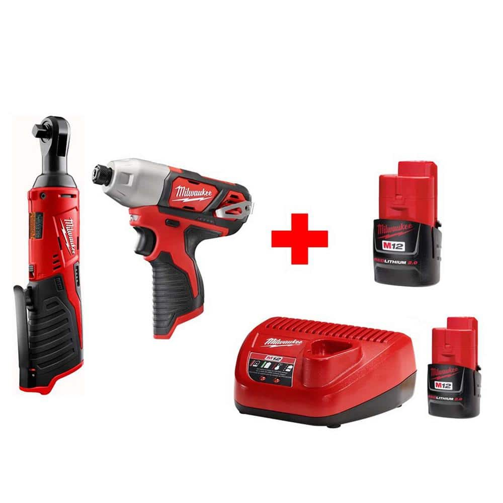 M12 12-Volt Lithium-Ion Cordless 3/8 in. Ratchet and 1/4 in. Impact Combo Kit (2-Tool) -  Milwaukee, 2457-20-KL