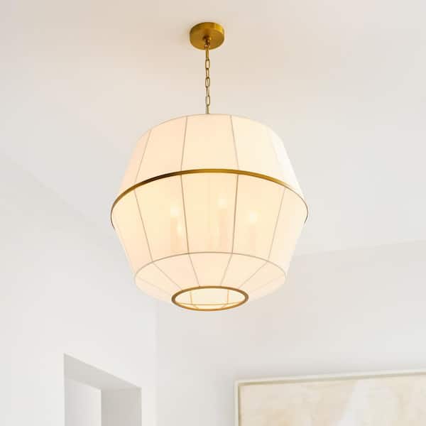Generation Lighting - Hikari Large 5-Light Burnished Brass Dining Room Pendant Chandelier with White Linen Shade
