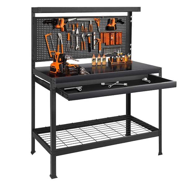 48 in. W x 22 in. D 1-Drawer Boltless Design Heavy Duty Steel Black Workbench Table with Metal Top, Shelf and Pegboard