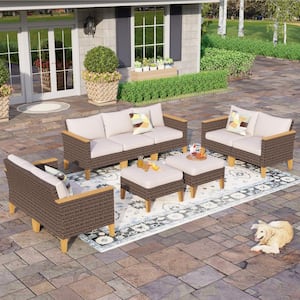 Brown Wicker Rattan 9 Seat 9-Piece Steel Patio Outdoor Sectional Set with Beige Cushions and 2 Ottomans