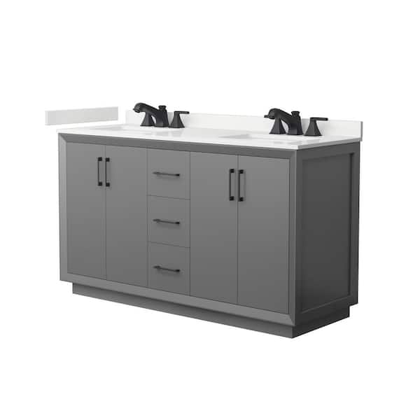 Wyndham Collection Strada 60 in. W x 22 in. D x 35 in. H Double Bath Vanity in Dark Gray with White Quartz Top