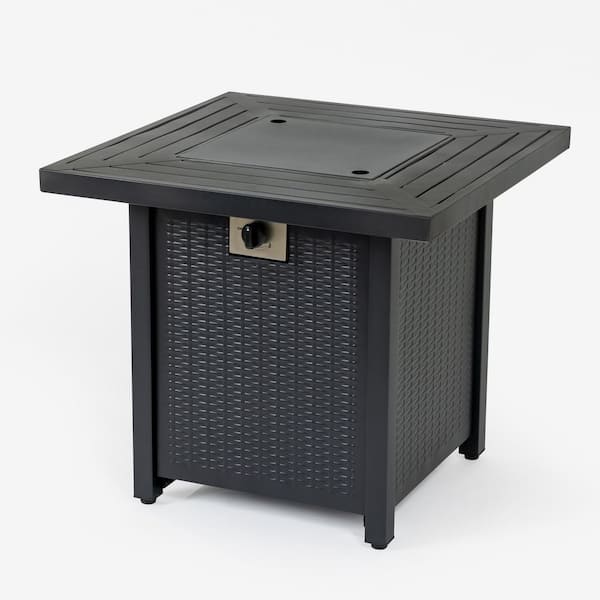 Woven Faux Rattan Series 27 in. D x 25 in. H Square Iron Propane Fire Pit Kit Black
