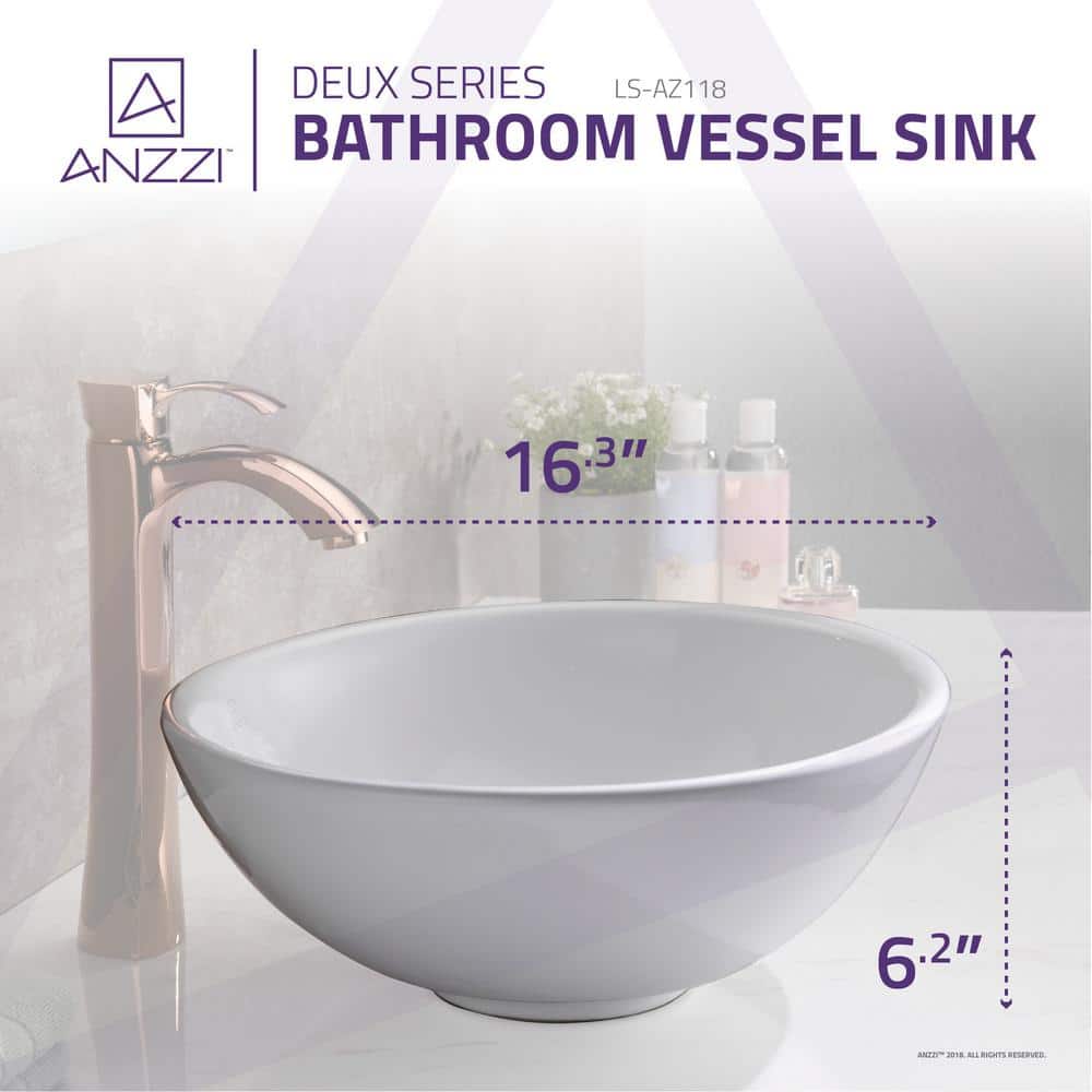White Ceramic Circular Bathroom Vessel Sink, 16.3 inches