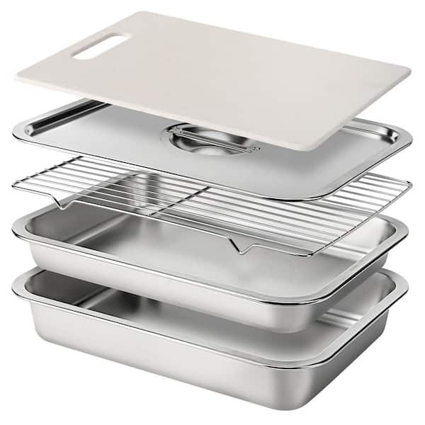 Stainless Steel Nonstick Grill Pan Set with Cutting Board, Lid, Wire Rack, Marinating and Serving Tray