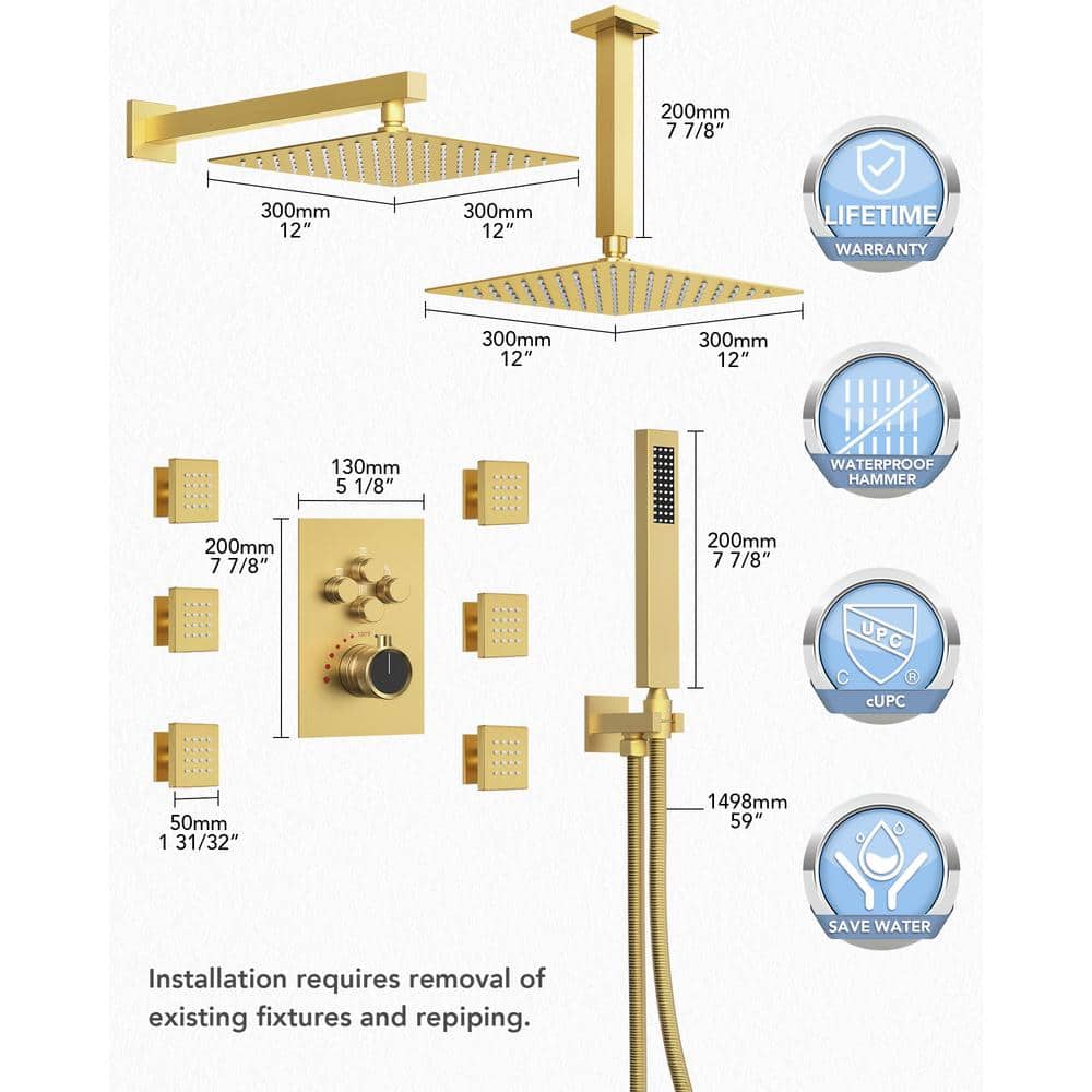 Matte Black Dual Shower Head System with Body Jets and Hand Shower