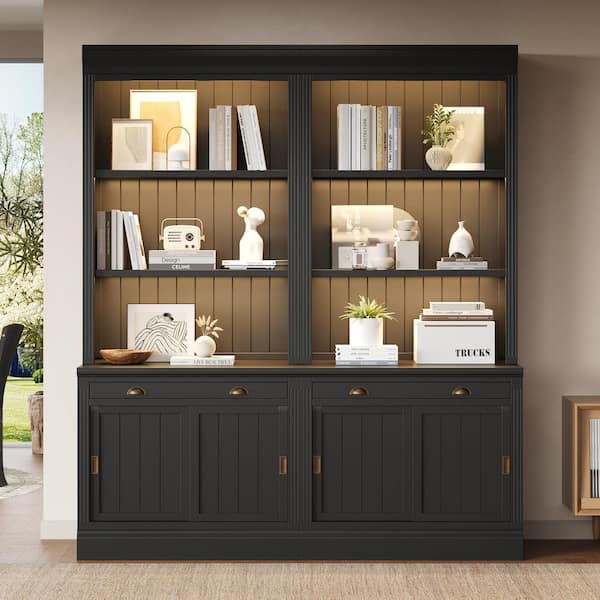 83.4 in. Tall Black Solid Wood Bookcase with Sliding Doors, LED Lighting and Open Shelves
