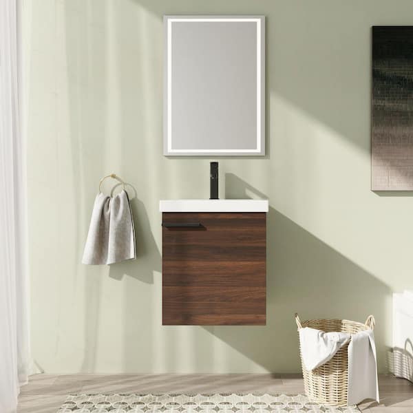 18.1 in. Wall-Mounted Single Brown Bath Vanity with White Ceramic Vanity Top Assembled