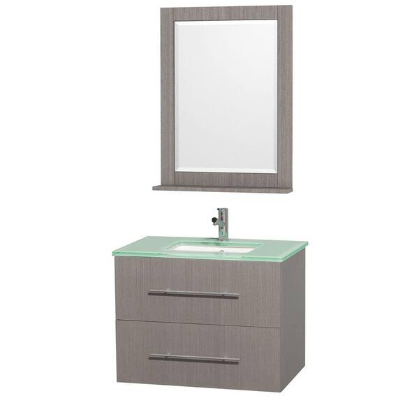 Wyndham Collection Centra 30 in. Vanity in Grey Oak with Glass Vanity Top in Aqua and Square Porcelain Undermounted Sink