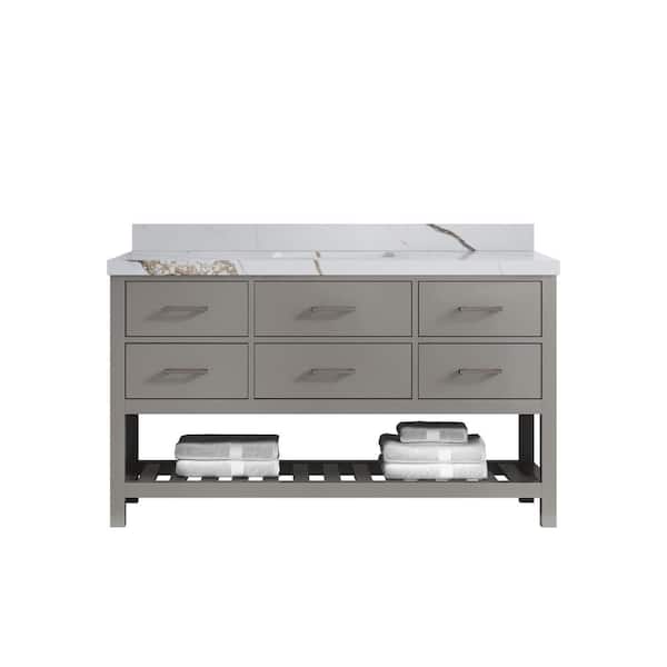 Willow Collections Parker 60 in. Single Sink Freestanding White Bath Vanity with Calcutta Gold Quatrz Top Unassembled