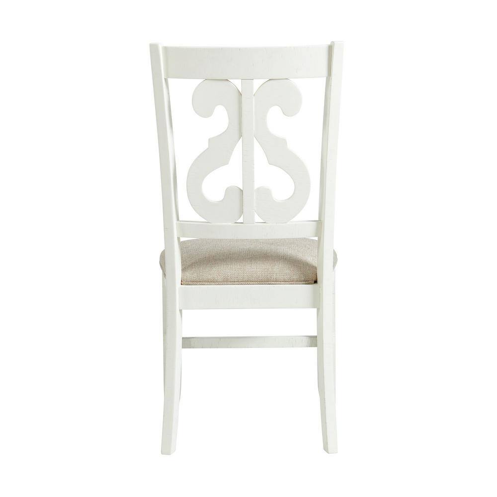 Elegant White Wooden Side Chair with Swirl Back Design and Upholstered Seat