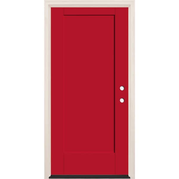 Builders Choice 32 in. x 80 in. 1 Panel Left-Hand Ruby Red Painted Fiberglass Prehung Front Door w/6-9/16 in. Frame and Bronze Hinges