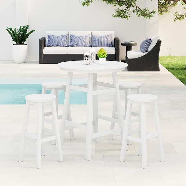 WESTIN OUTDOOR Laguna 5-Piece Bar Height HDPE Plastic Outdoor Patio Round High Top Bistro Dining Set in White