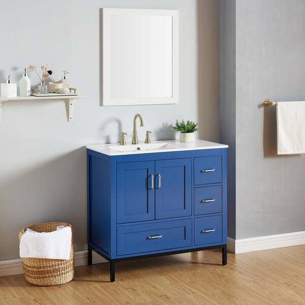 FUNKOL 36 in. x 18.3 in. x 32.9 in. White MDF Rectangle Bathroom Vanity Cabinet Ready to Assembly, Solid Wood Plus
