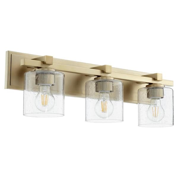 Kaplan 24 in. Width in. 3-Lights, Aged Brass Finish Vanity Light with Seeded Glass Shades