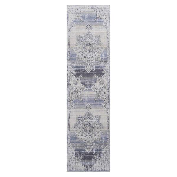 2 X 8 Cream Blue Abstract Washable Area Rug for Bedroom, Dining Room, Living Room