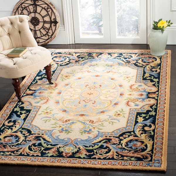 Savonnerie Ivory/Navy 8 ft. x 10 ft. Border Area Rug