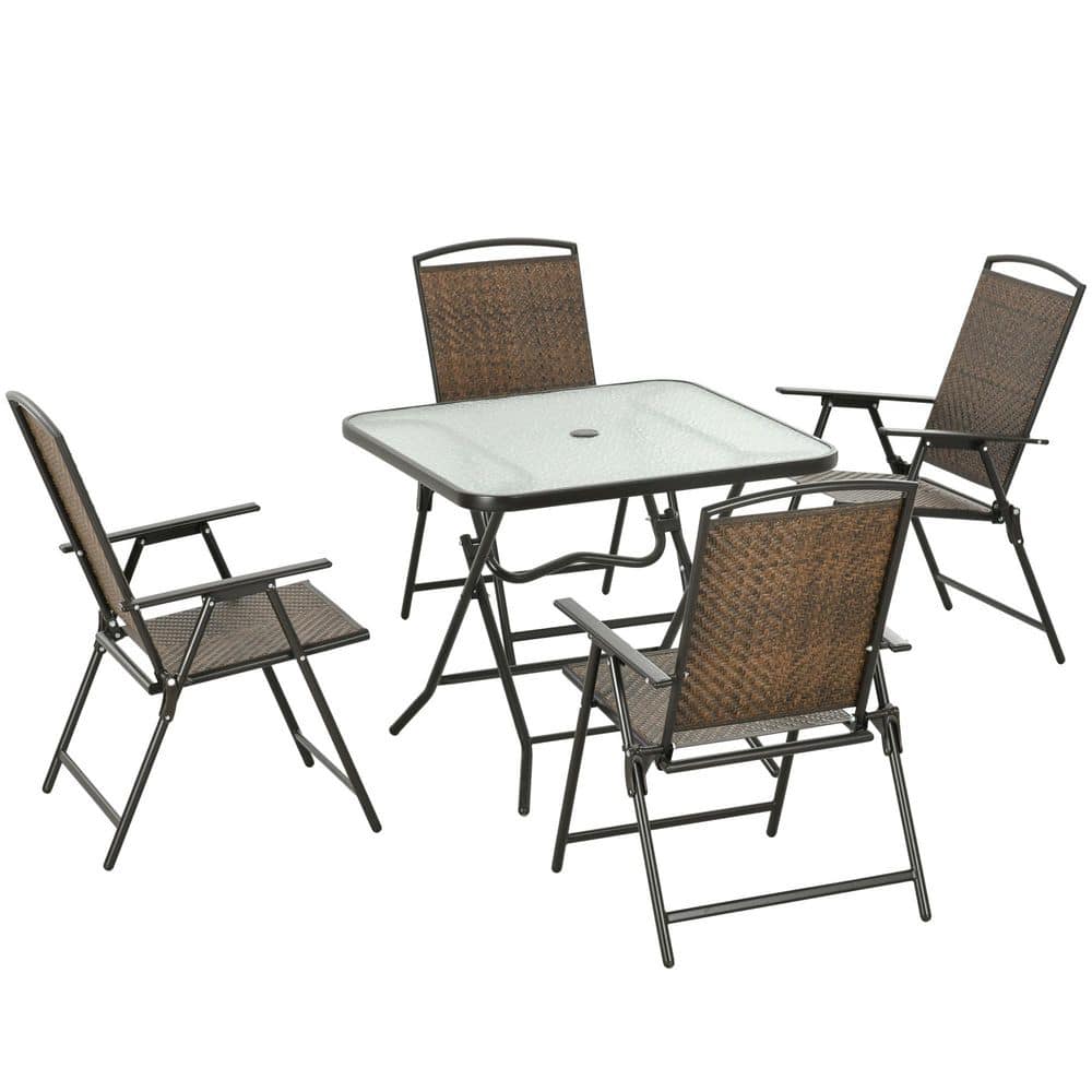 Dark Brown 5-Piece Steel Square Outdoor Dining Set with Tempered Glass Table and Foldable PE Wicker Chairs price history on PriceWatchPro
