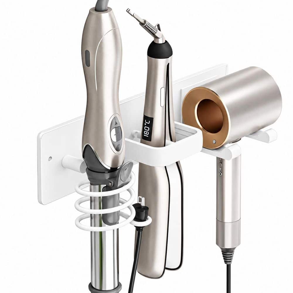 12.5 in Wall Mounted Hair Tool Organizer 3 in 1 Metal White Finish Bathroom Storage Rack
