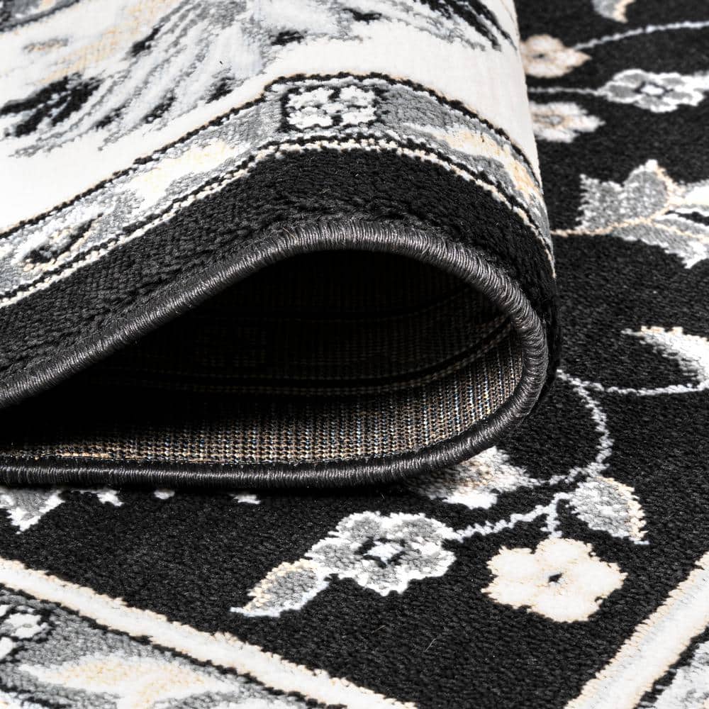 Elegant Persian-Inspired 4' x 6' Black and Cream Synthetic Rug
