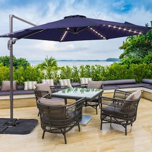 10 ft. Solar LED Cantilever Patio Umbrella with Cross Base, Outdoor Offset Hanging 360° in Navy Blue