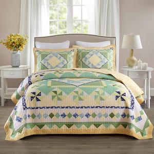 B197 Summer Lightweight Yellow Rhombus and Triangle Queen Polyester Quilt Bedspread Set