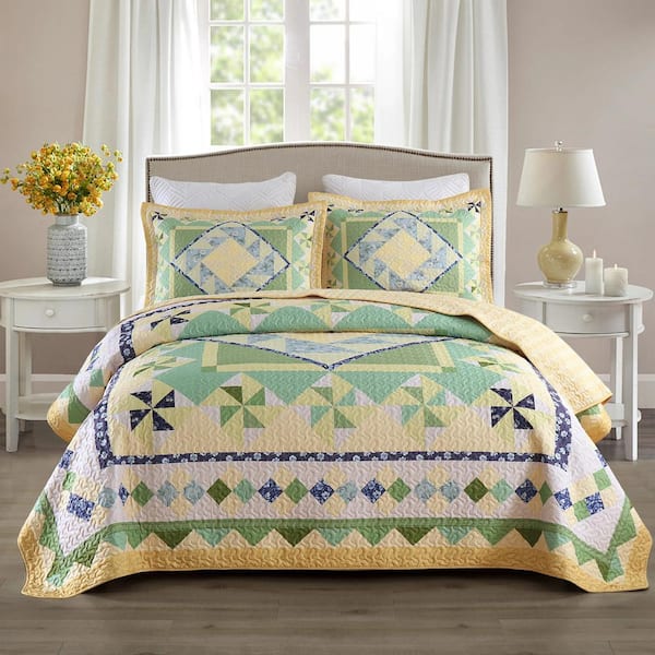 MarCielo B197 Summer Lightweight Yellow Rhombus and Triangle Queen Polyester Quilt Bedspread Set