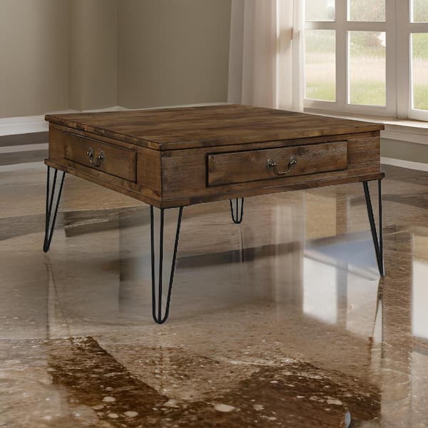 Benjara Itti 31.5 in. Brown and Bronze Square Wood Coffee Table with 2 Drawers