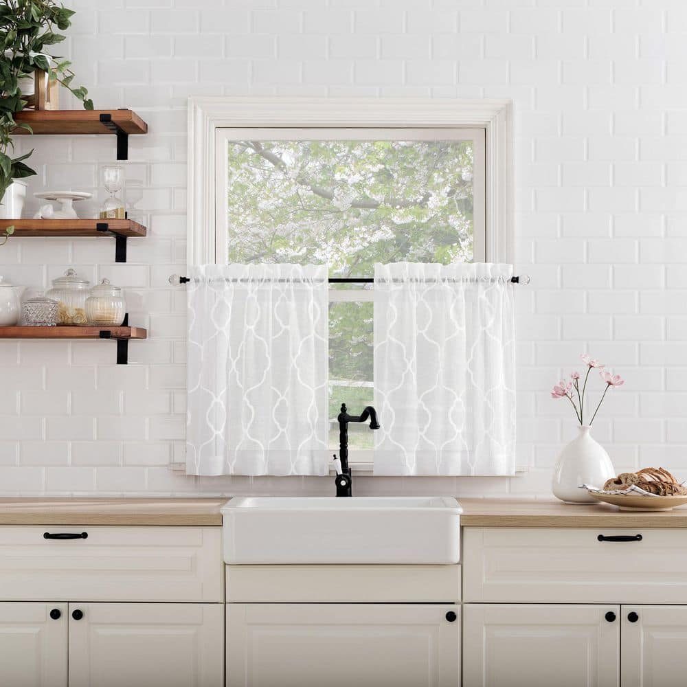 White Embroidered Trellis Light Filtering Kitchen Curtain Set