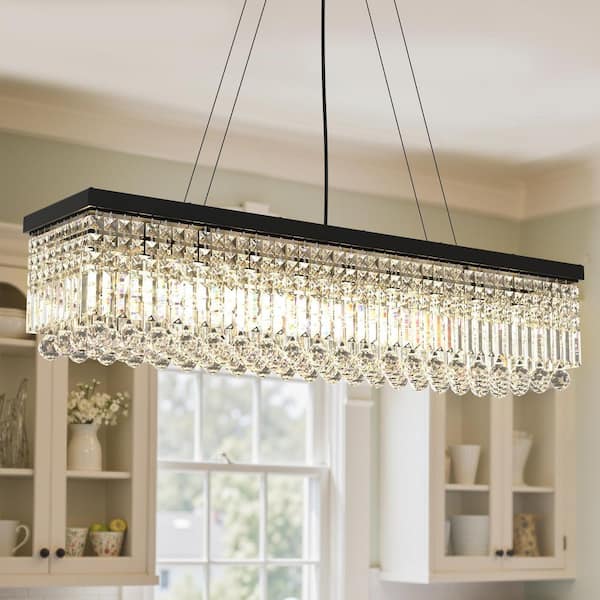 10-Light Matte Black Modern Rectangle K9 Crystal Chandelier, Iron E12 Pendant Light for Dining Room or Kitchen Island
