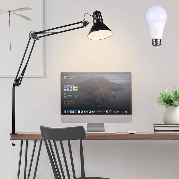 34.5 in. Black Clip-On Desk Lamp, Adjustable Swing Arm Task Light with Eye-Caring Bulb for Home Office Study
